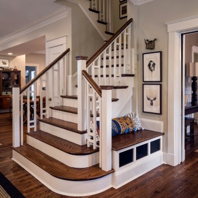 Remodeled open stairs with built-in bench  