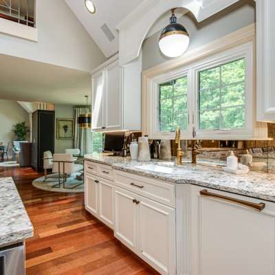 kitchen with eating area behind