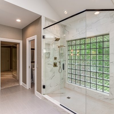 main bathroom glass block wall in shower