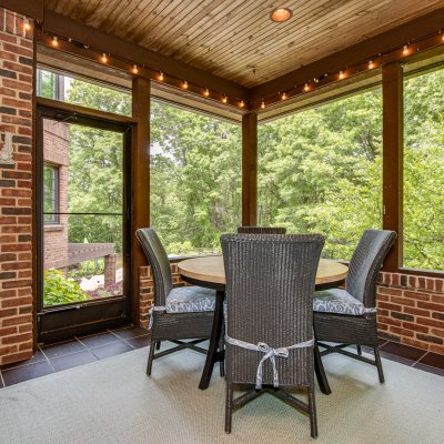 screened porch with view of pool patio