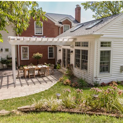 Exterior of addition with skylights, new patio Wilcox Architecture