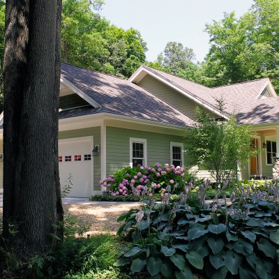 Front/side view Glen Arbor home new construction Wilcox Architecture