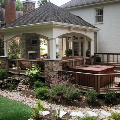 Covered patio with mounted tc and spa on deck