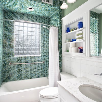 bathroom renovation glass block, glass tile, built in shelves residential