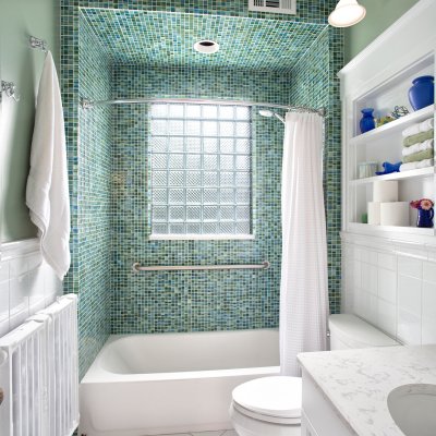 blue and green glass tile shower