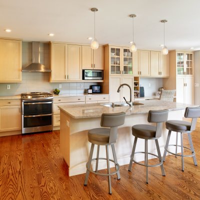 residential kitchen renovation island and with sink and stools Wilcox Architecture