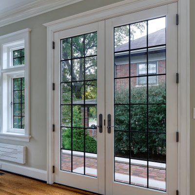 French doors to brick patio   