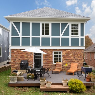 Rear exterior second floor addition Mt. Lookout brick, Tudor style trim  