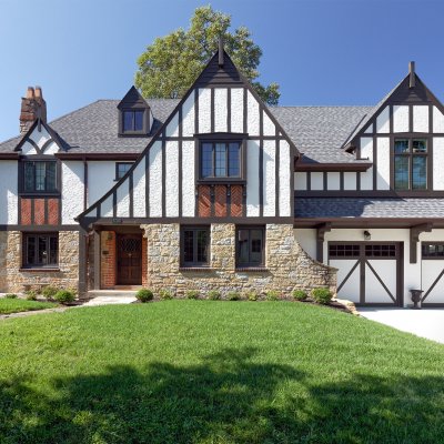 front exterior with new garage and main suite addition