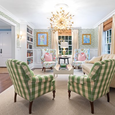 Front entry and sitting area green wallpaper