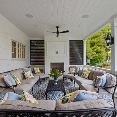 outdoor living area second floor deck built-in outdoor TV cabinet