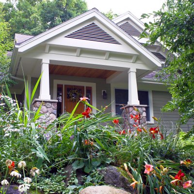 Front door with perennial shade garden Glen Arbor Wilcox Architecture