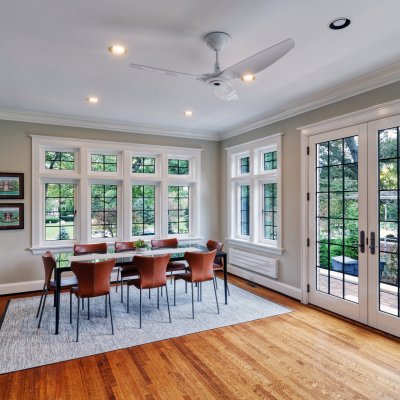 West wing second-floor addition dining area, leaded glass windows    